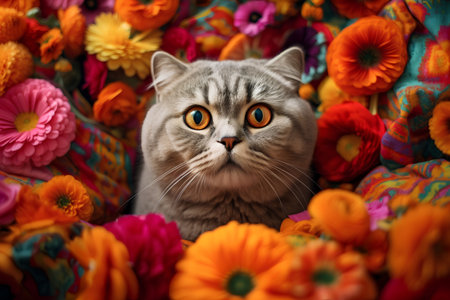 Cute scottish fold cat lying on colorful flowers background.の素材