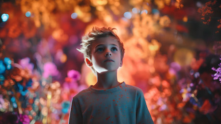 Portrait of a boy in the light of a garland of flowersの素材