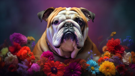 Portrait of a beautiful English Bulldog dog with colorful flowers.の素材
