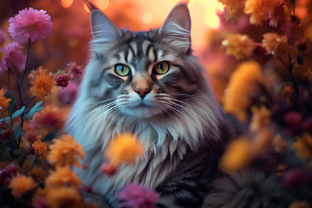 Siberian cat on a background of autumn flowers. Portrait of a cat.の素材