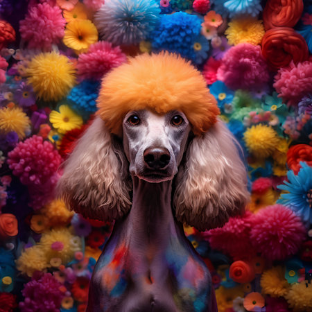 Portrait of a poodle dog in an orange wig on a floral background.の素材