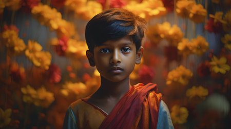Portrait of indian little boy in sari with tulipsの素材