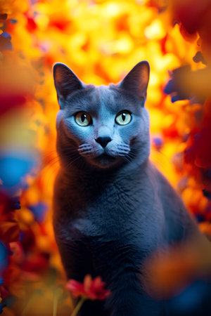 Portrait of a blue cat on a background of autumn leaves.の素材