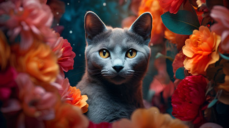 Portrait of a beautiful british shorthair cat among flowers.の素材