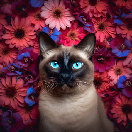 Siamese cat with blue eyes lying on a background of flowersの素材