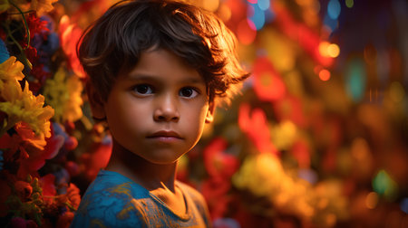 Portrait of a little Indian boy in the garden with colorful flowersの素材