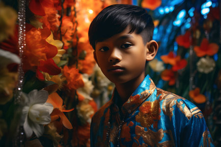 Portrait of a cute Asian boy wearing traditional japanese kimonoの素材