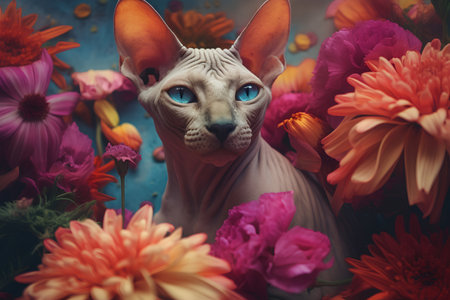 Portrait of a Sphynx cat with flowers in the backgroundの素材