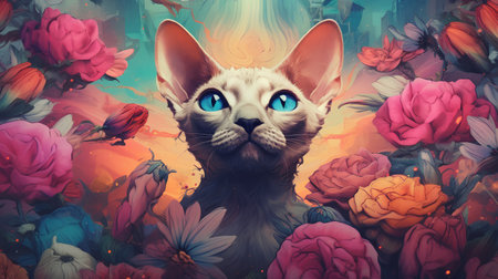 Portrait of a cat with blue eyes among flowers. Digital painting.の素材