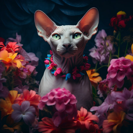 Portrait of a Sphynx cat with flowers in the background.の素材