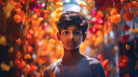 Portrait of a cute little boy in a tunnel of flowers.の素材