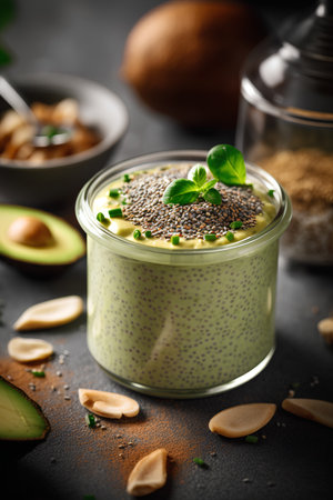 Green chia pudding with avocado, chia seeds and pine nutsの素材