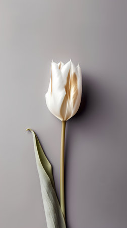 White tulip on a gray background. Flat lay, top view.の素材