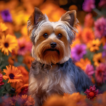 Yorkshire Terrier on the background of flowers. Portrait.の素材