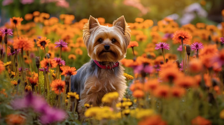 Yorkshire Terrier in the flower meadow. Dog in the gardenの素材