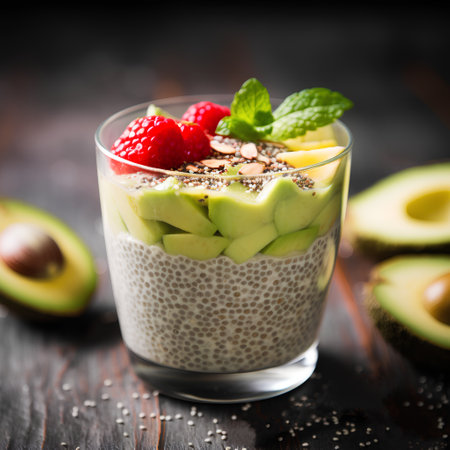 Chia seed pudding with avocado, raspberry and chia seeds.の素材