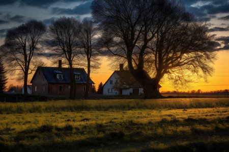 Sunset in the countryside with old houses and trees in the foregroundの素材