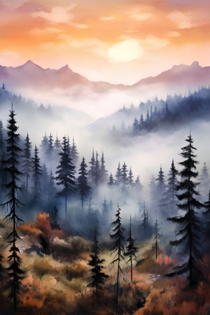 Foggy autumn landscape with pine forest in mountains. Digital paintingの素材