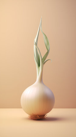 Realistic onion with leaves isolated on orange background. Vector illustration.の素材