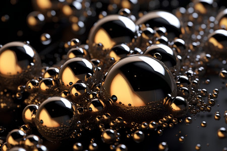 Abstract 3d illustration of black and gold spheres on dark background.の素材