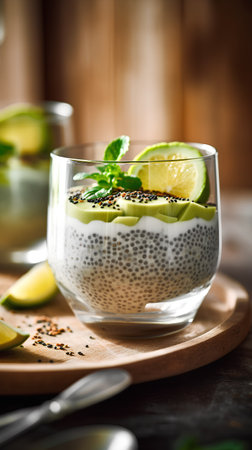 Chia seeds pudding with lime and mint in a glass on a wooden backgroundの素材
