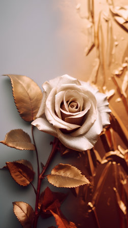 Beautiful rose on a background of golden leaves. Toned.の素材