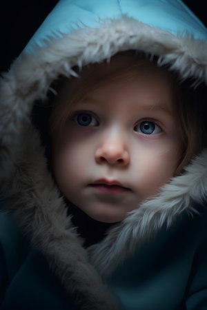Portrait of a cute little girl with blue eyes in winter coatの素材