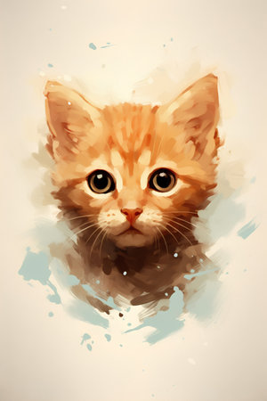 Cute ginger cat portrait with watercolor background. Vector illustration.の素材