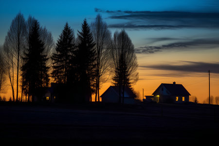 Sunset in the village. Silhouettes of houses and trees.の素材