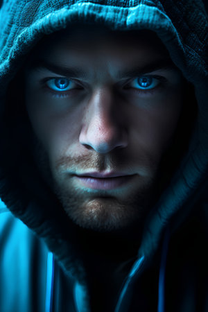 Portrait of a man with a hood. Close-up.の素材