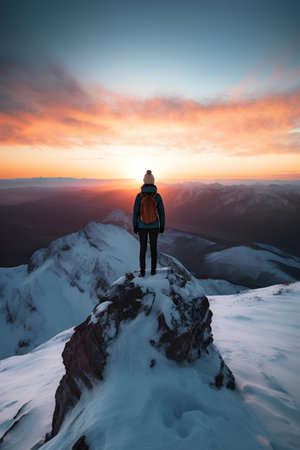 Hiker standing on top of a mountain and looking at the sunsetの素材