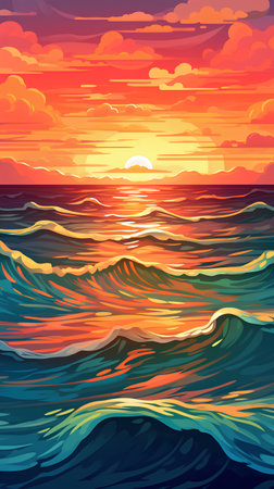 Beautiful seascape with waves and sunset. Vector illustration.の素材