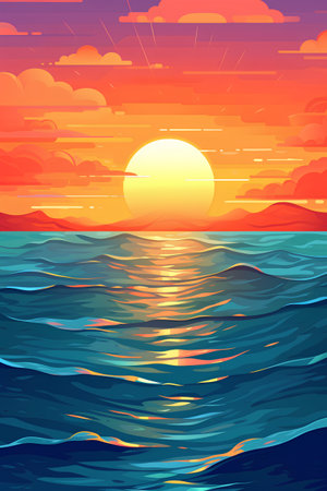 Beautiful sunset over the sea. Vector illustration in cartoon style.の素材
