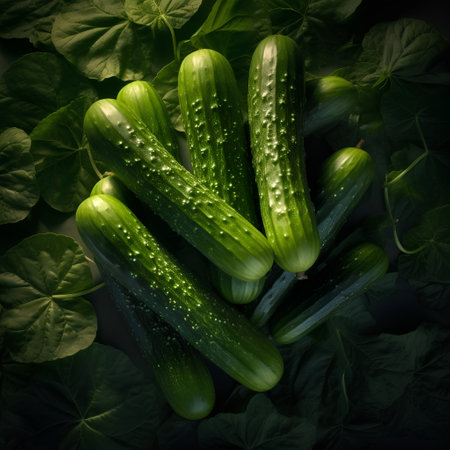 Fresh cucumbers with green leaves on dark background. Toned.の素材