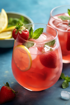 Strawberry lemonade with ice and mint in glasses on blue backgroundの素材