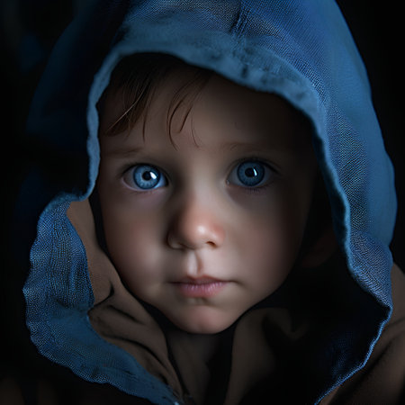 Little girl with blue eyes in a hood on a dark background.の素材