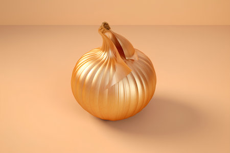 3d illustration of golden onion isolated on orange background with shadow.の素材