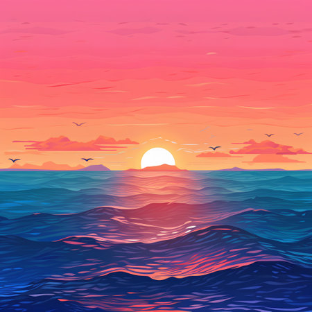 Sunset over the sea. Vector illustration in a flat style.の素材