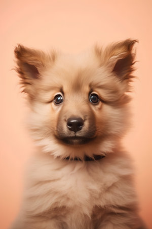 Portrait of a cute Pomeranian puppy on a orange backgroundの素材