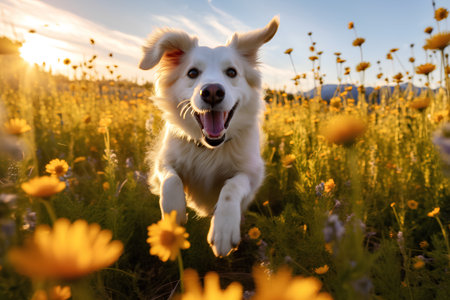 Golden Retriever dog running in a field of yellow flowers at sunsetの素材