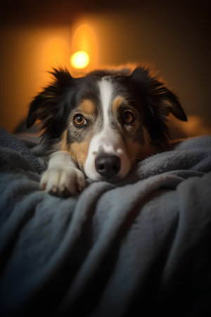 Portrait of border collie dog lying on the bed at nightの素材