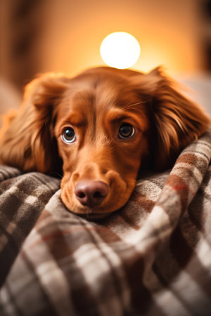 Adorable long haired irish setter dog lying on plaid blanket at homeの素材