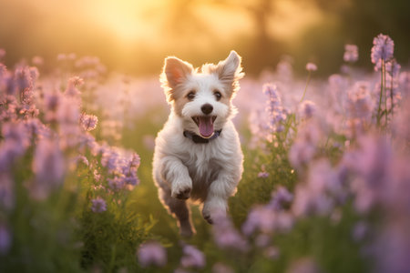 Cute little dog running in blooming lavender field at sunsetの素材