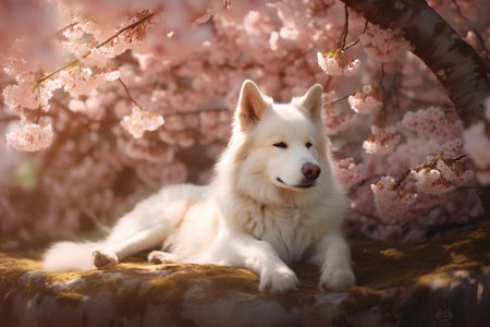 Siberian husky dog on a background of blooming sakuraの素材