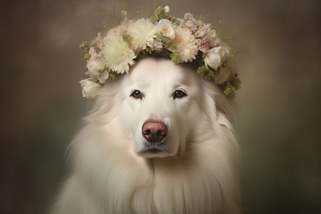 Portrait of a white dog with a wreath of flowers on his head.の素材