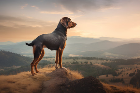 Dog standing on a rock in the mountains at sunset. 3d renderの素材