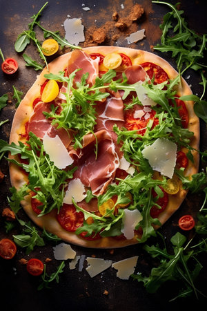 Pizza with prosciutto, arugula and cherry tomatoes on dark backgroundの素材