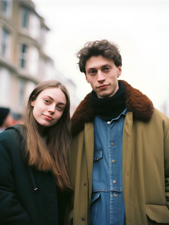 Portrait of a young couple on the streets of Paris, Franceの素材