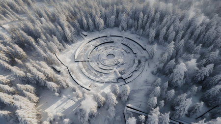 Aerial view of winter forest with snow covered trees. Top viewの素材