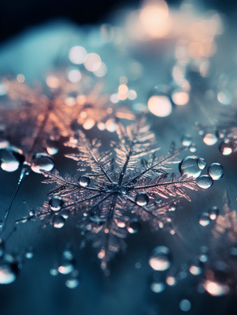 Snowflakes with dew drops on a dark background close upの素材